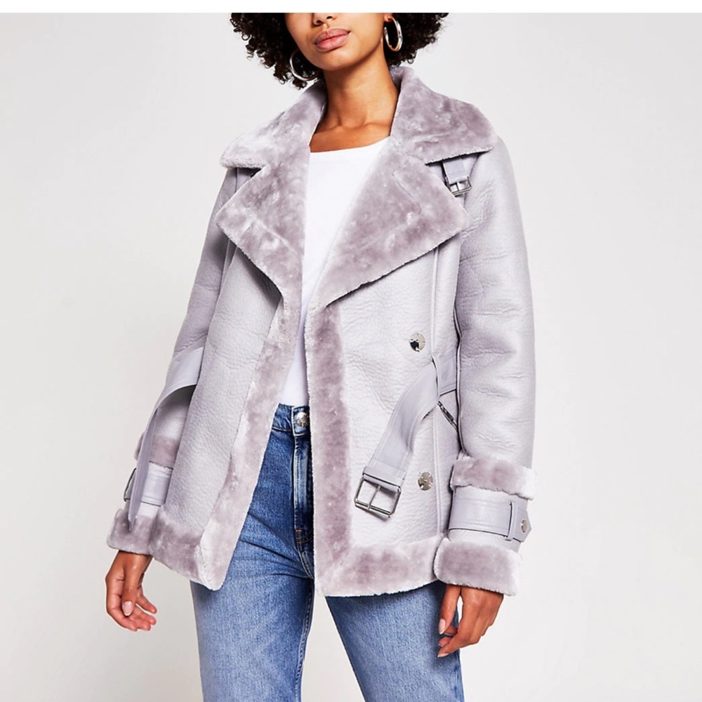 Grey Faux Fur Aviator Jacket